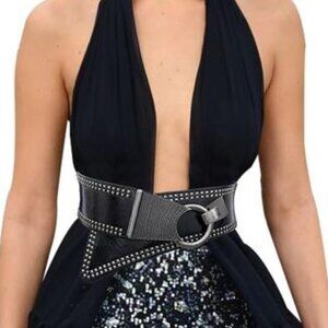 Trendy Wide Waist Belt Elastic Stretch Cinch Interlock Buckle Black One Size